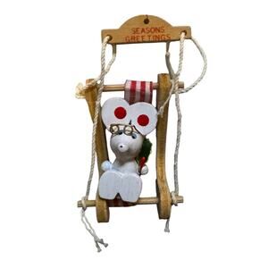1970s Vintage Christmas White Mouse on Wooden Swing Chair Ornament Holiday Decor